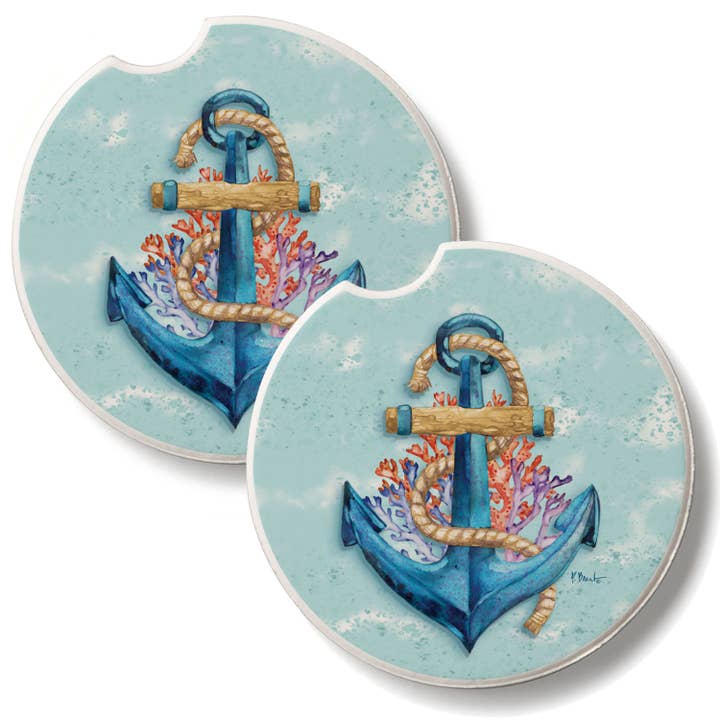 "Submerged Anchor" 2 Pack Absorbent Stone Car Coaster for wholesale by CounterArt/Highland Home/Thirstystone