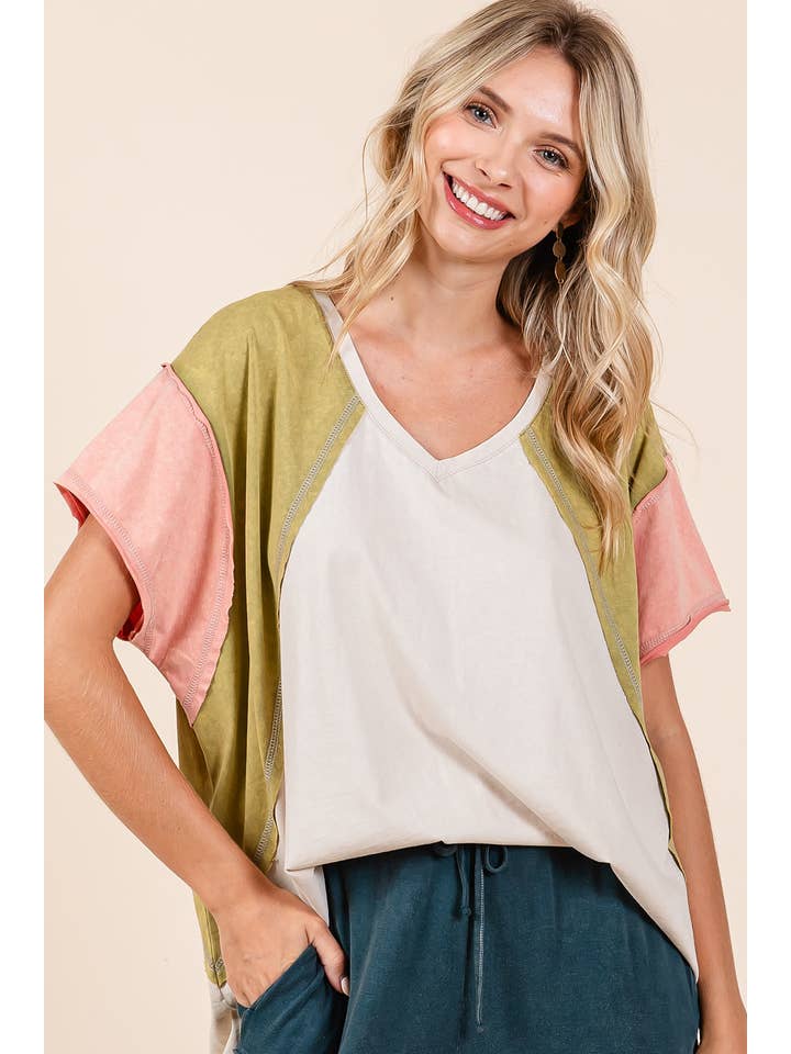 mittoshop – Túnica - Mulher por atacado – TOP DE MALHA DE MANGA CURTA EM BLOCO COLORIDO DE GRANDES DIMENSÕES3