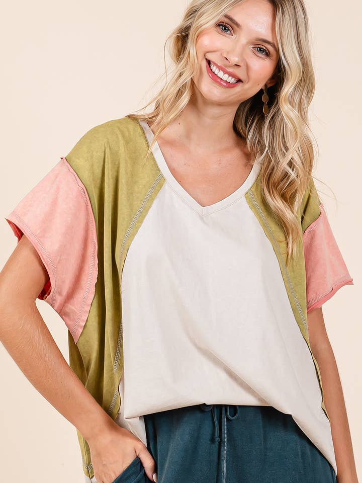 OVERDIMENSIONERET FARVEBLOK KORTÆRMET STRIKKET TOP for engroshandel hos mittoshop