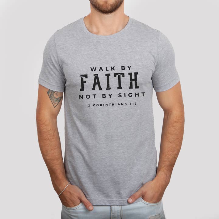 Walk by Faith Mens Christian T-Shirt, 4 Colors Choices for wholesale by Hope Journey Tees