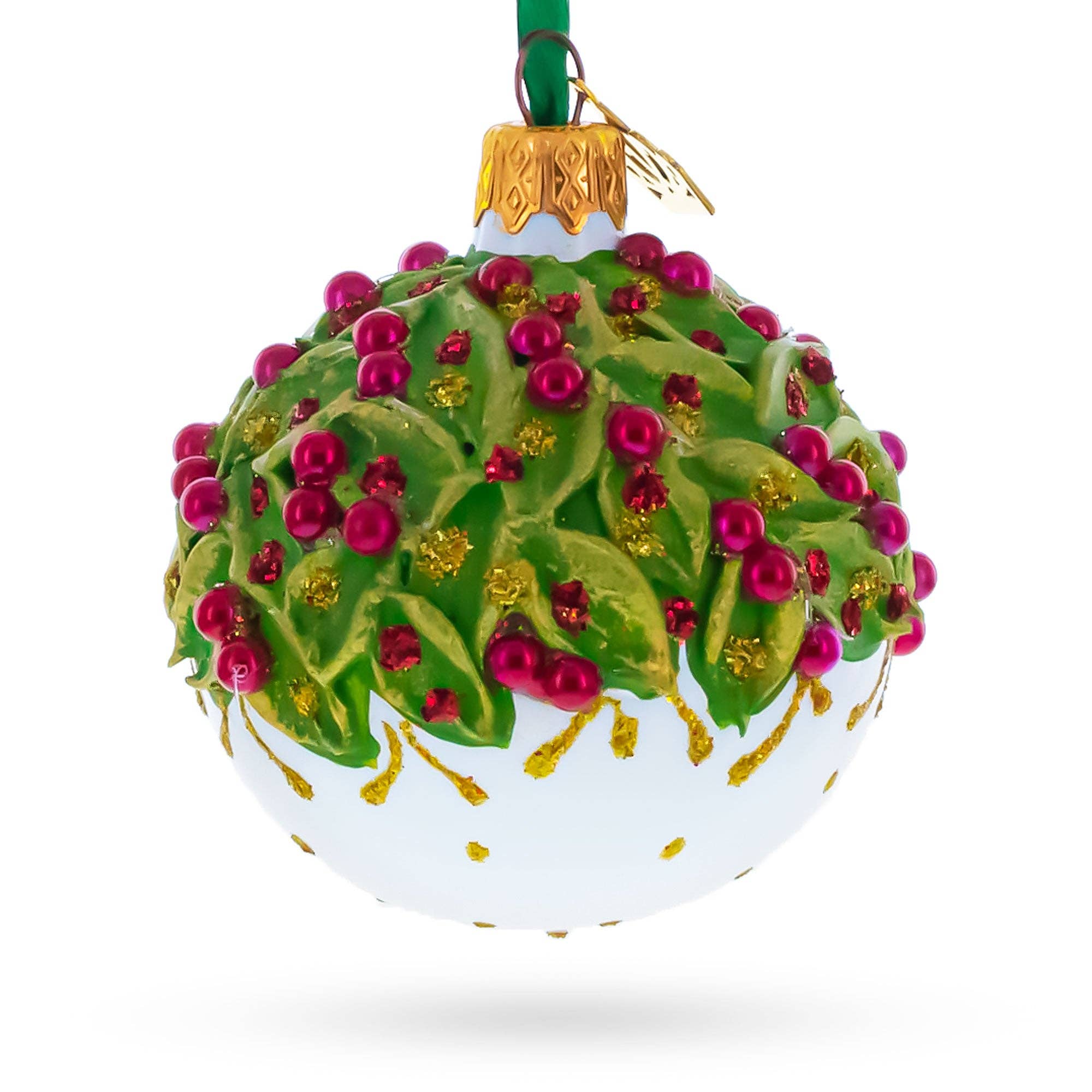 BestPysanky – Großhandel Verzierung – Rote Perlen und Weihnachtssternblüten auf glänzendem weißen Glaskugel-Weihnachtsornament 6 cm2