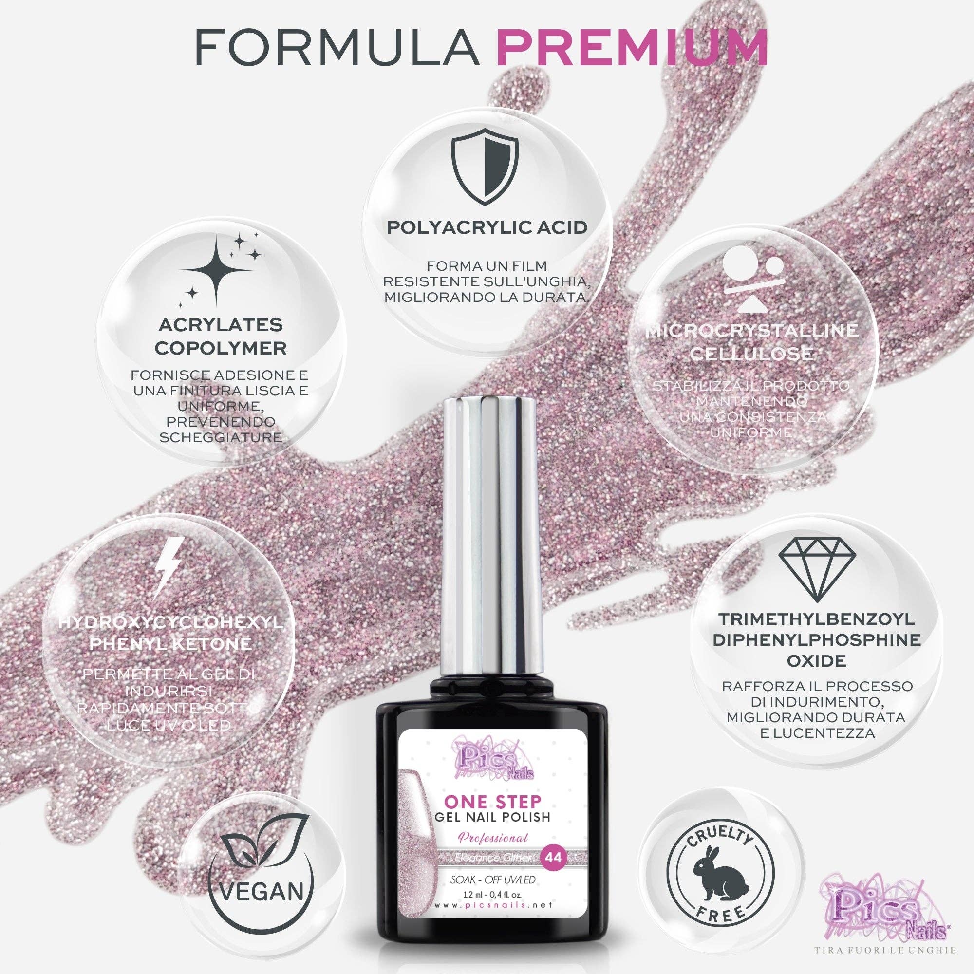 Pics Nails - Wholesale Nail Polish - One Elegance Glitter 44 Semipermanent Nail Polish - 12 ml | Semipermanent 3in1 UV/LED Ultra Glossy3