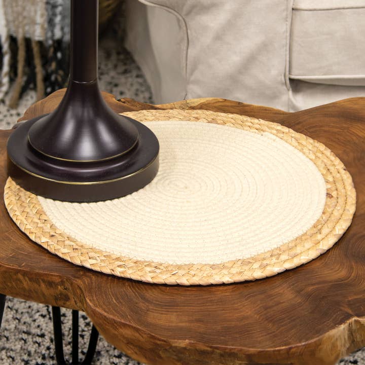 Col House Designs - Wholesale Placemat - Woven Cotton & Hyacinth Round Mat, Natural, 15.5" Dia.1
