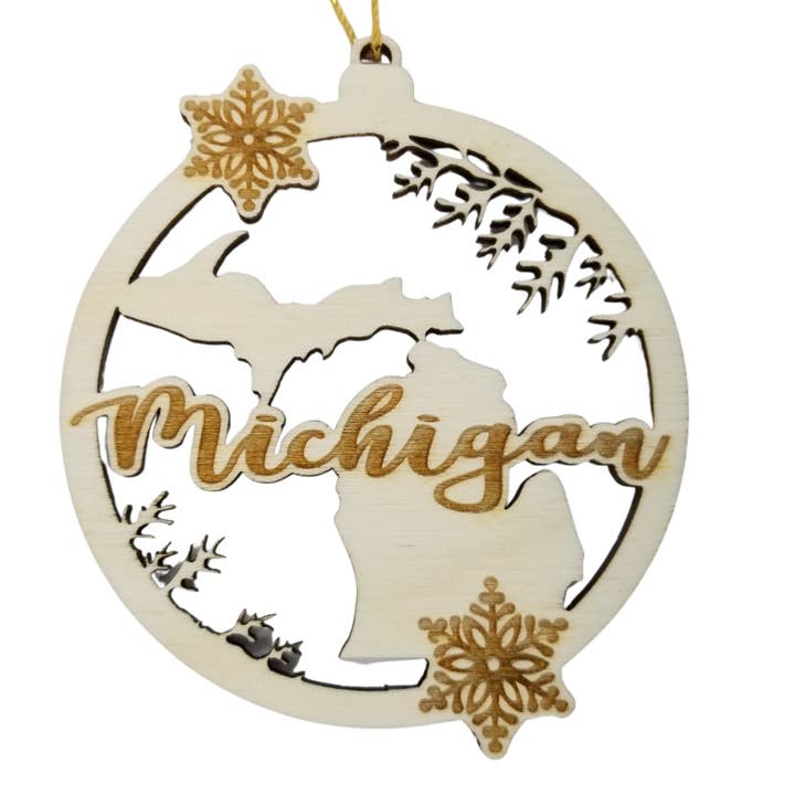 Michigan Wood Ornament - MI State Shape with Snowflakes for wholesale by Happy Wood Products