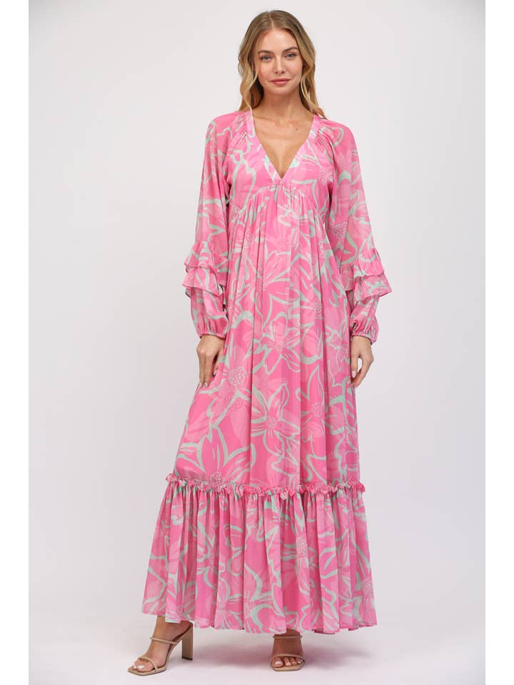 PINK MULTI DEEP V-NECK WITH RUFFLED LONG SLEEVE MAXI DRESS FD31036 for wholesale on Faire