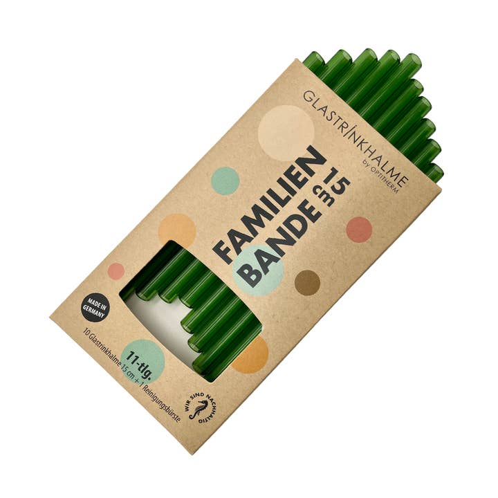 10 pailles en verre coloré (vert) « liens familiaux » (15 cm) pour la vente par Glastrinkhalme by OPTITHERM
