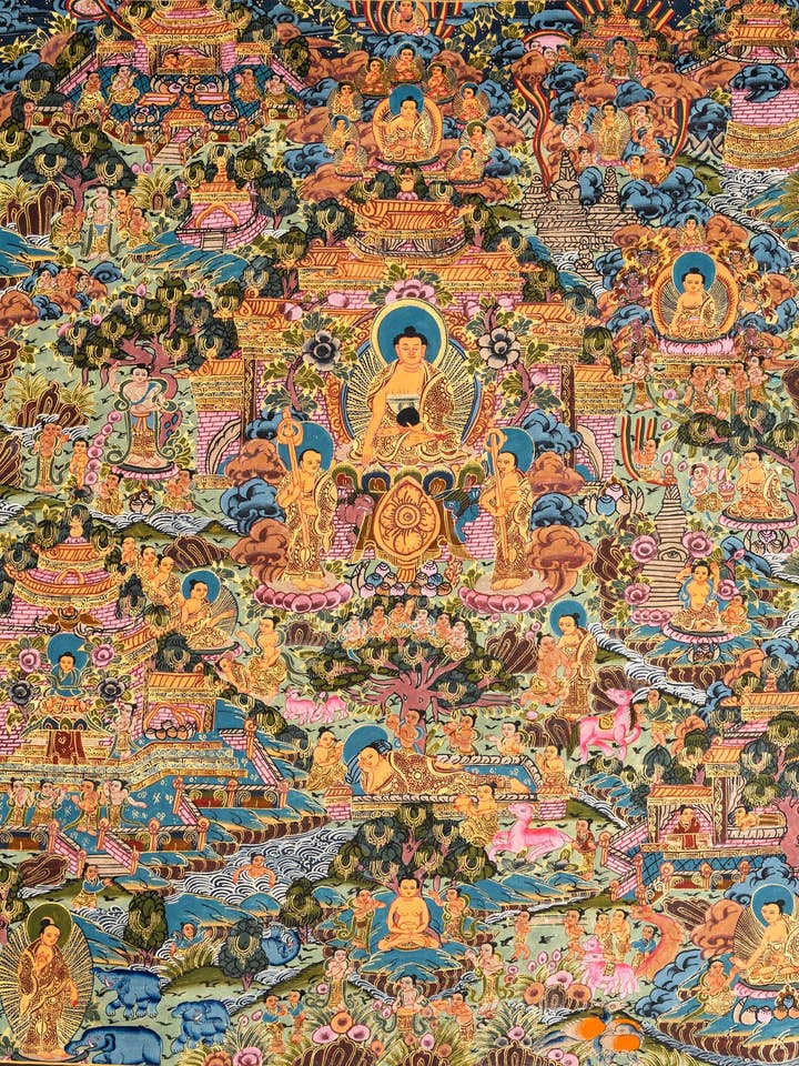 Dipinto Thangka della Vita di Buddha per la vendita all'ingrosso da parte di Lucky Thanka