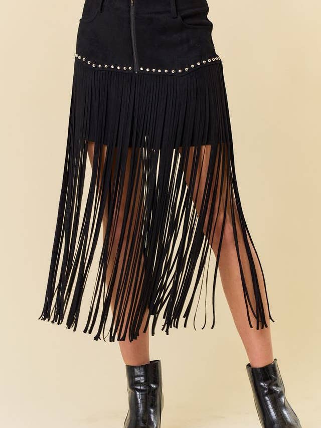 Saints & Hearts - Wholesale Shorts - Women's - SIP6355A BLACK LONG FRINGE FAUX SUEDE SHORTS