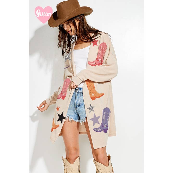 Cardigan décontracté en tricot à imprimé pailleté avec bottes de cowgirl pour la vente par Phil Love