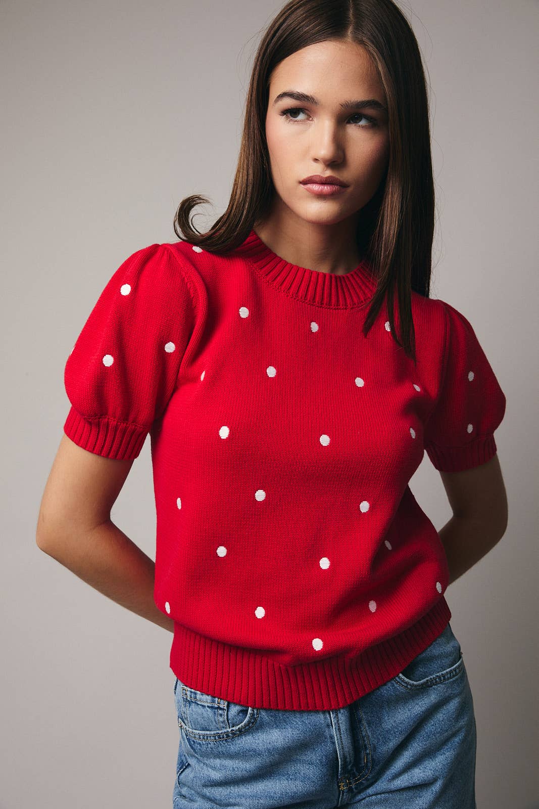 Sunday Edition - Wholesale Knit Sweater - Women's - ROUND NECK PUFF SHORT SLEEVE "POLKA DOT" EMBROIDERED SWEATER12