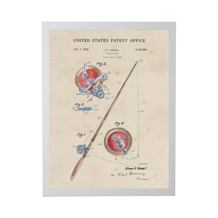 Patente de caña de pescar en acuarela para venta al por mayor de Antique Curiosities Inc