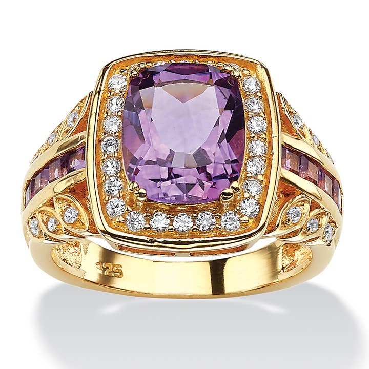 Cushion-Cut Amethyst and CZ Halo Ring in Gold-Plated Silver for wholesale by PalmBeach Jewelry