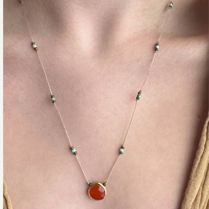 Turquoise and carnelian hand-knotted necklace for wholesale by Silver Sparrow Jewelry