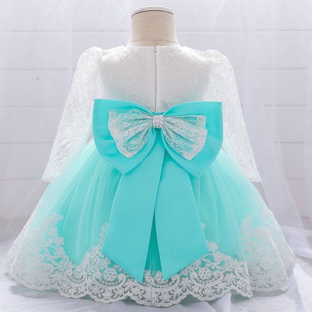 MyKids-USA® - Wholesale Dress - Baby - Baby Girl Bow Patched Design Long Sleeves Full Moon Christening Mesh Formal Dress14