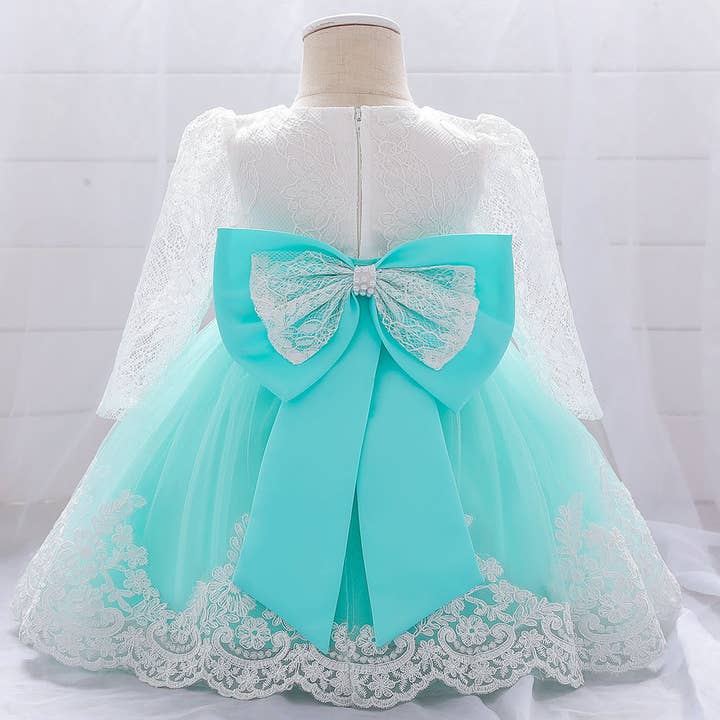 MyKids-USA® - Wholesale Dress - Baby - Baby Girl Bow Patched Design Long Sleeves Full Moon Christening Mesh Formal Dress14