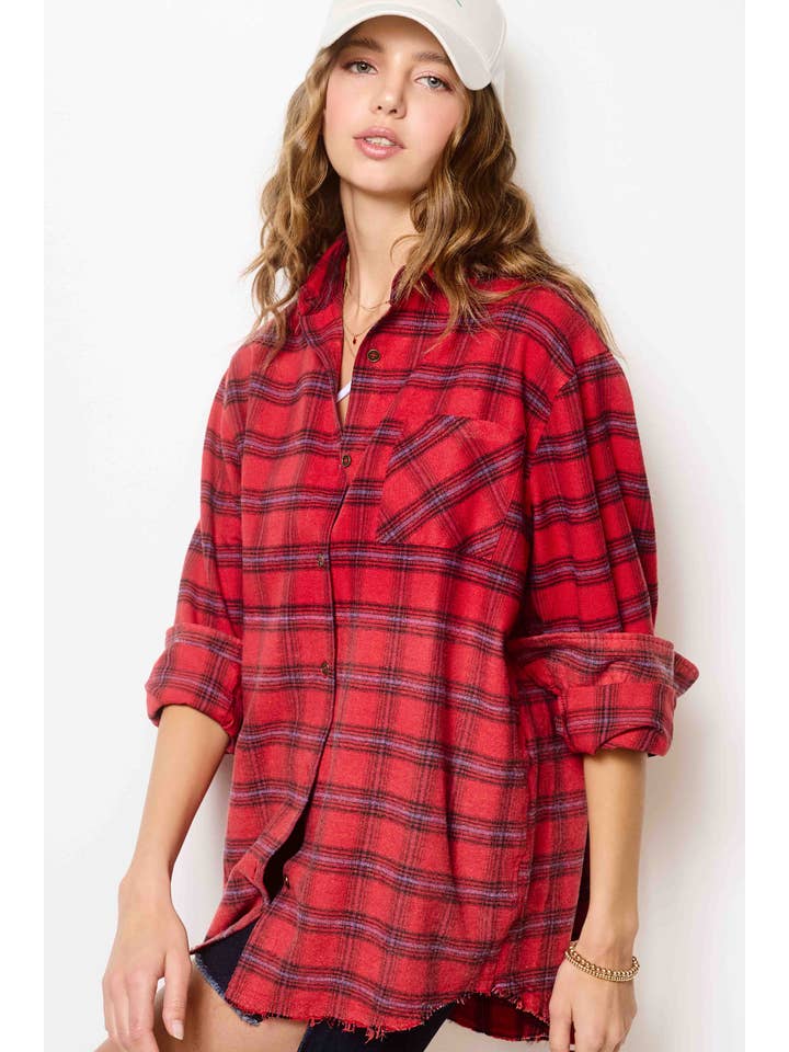 La Miel - Wholesale Buttoned-down shirt – Women's - SRT1329-Loose Fit Button Down Two-Tone Washed Plaid Shirts7