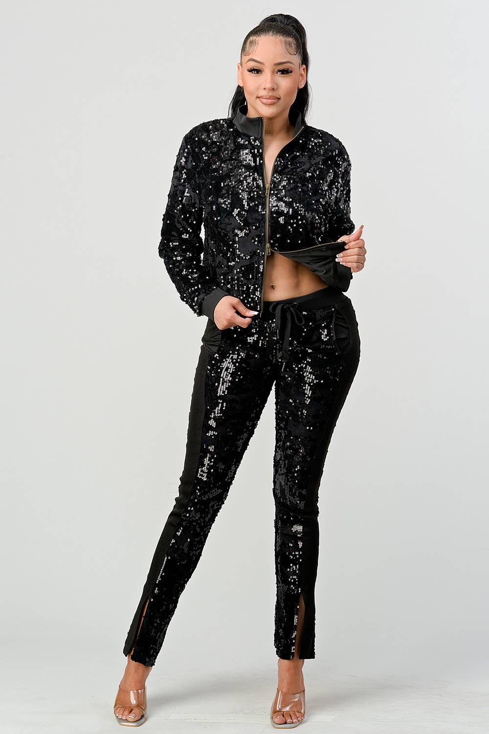 Boswell – Engroshandel Træningsdragt – til kvinder – Træningssæt med lynlås og palietter foran1