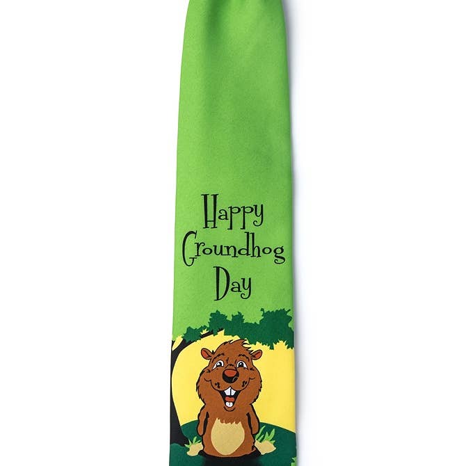 Wild Ties - Wholesale Necktie - Men's - Happy Groundhog Day Tie by Wild Ties - Green Microfiber