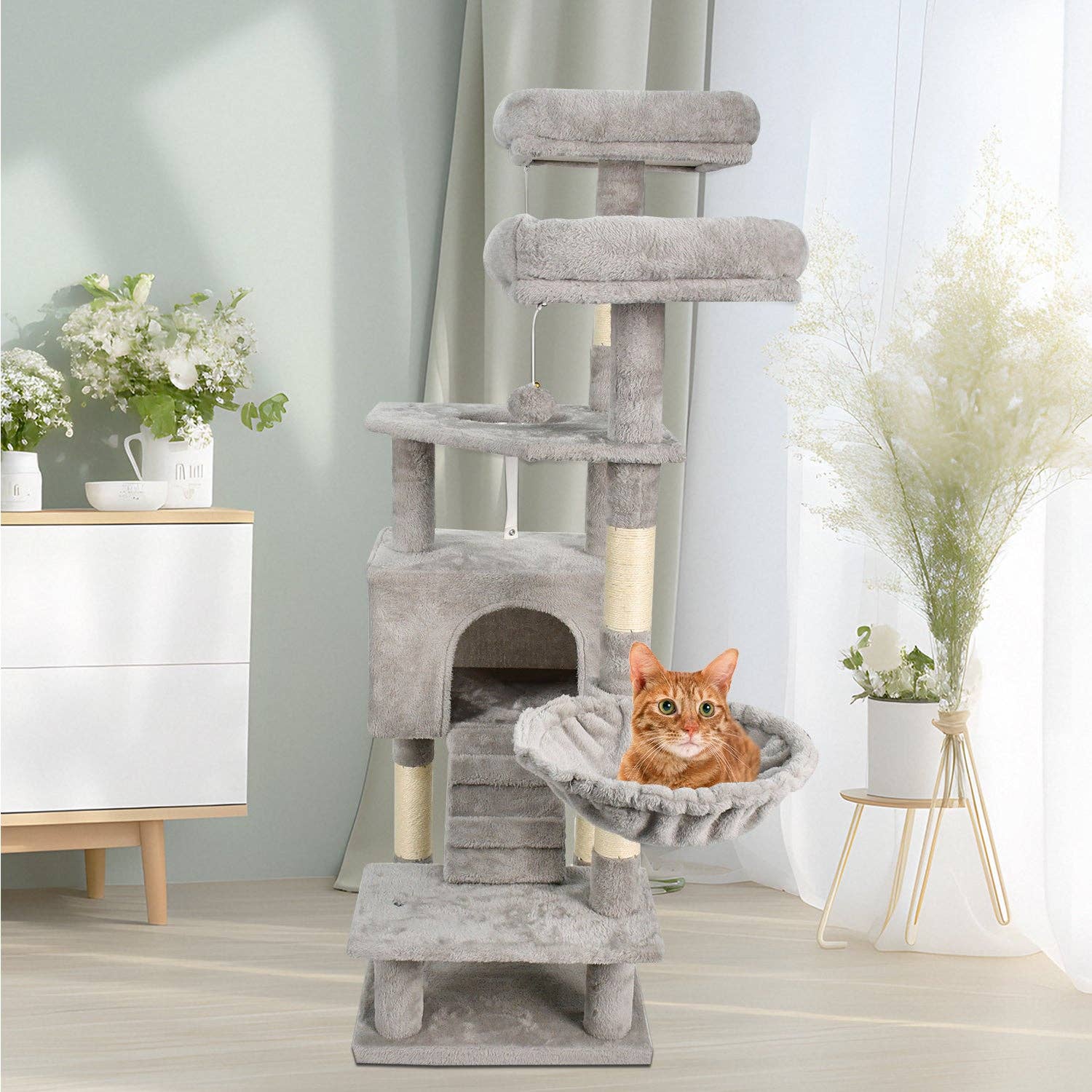 Jespet - Wholesale Pet Scratcher - Cat - GOOPAWS Multi-Level 57-in Faux Fur Cat Tree & Condo with Hammock, Grey6