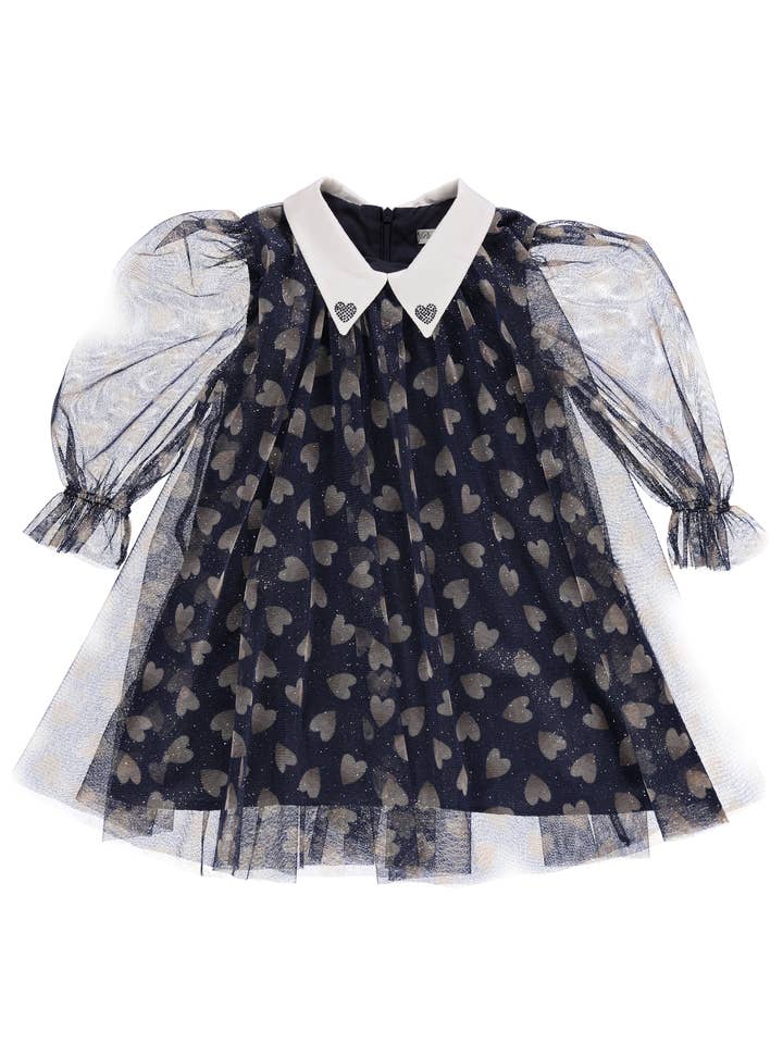 PS23W001014 Navy blue tulle dress with hearts for wholesale by Piccola Speranza