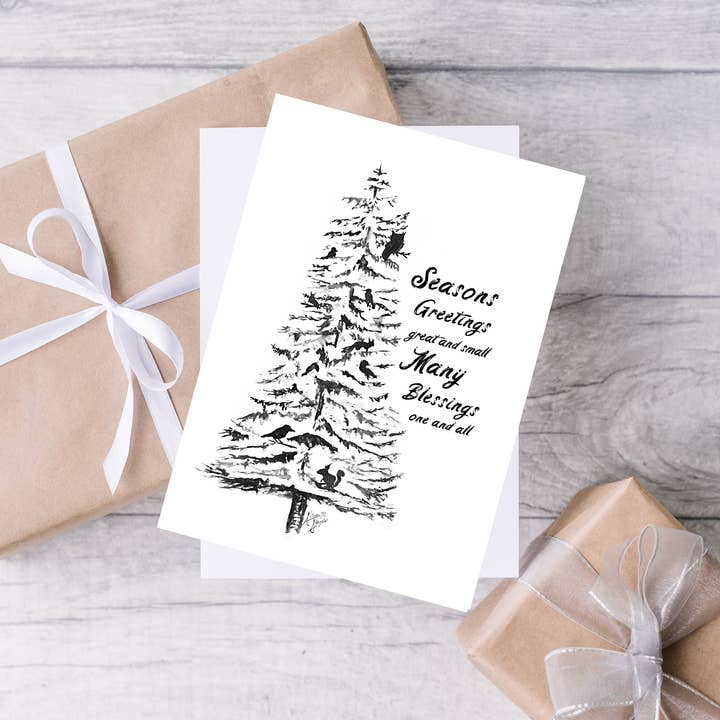 Tarjeta navideña o navideña de pino y animales en acuarela para venta al por mayor de Art Reflects Light