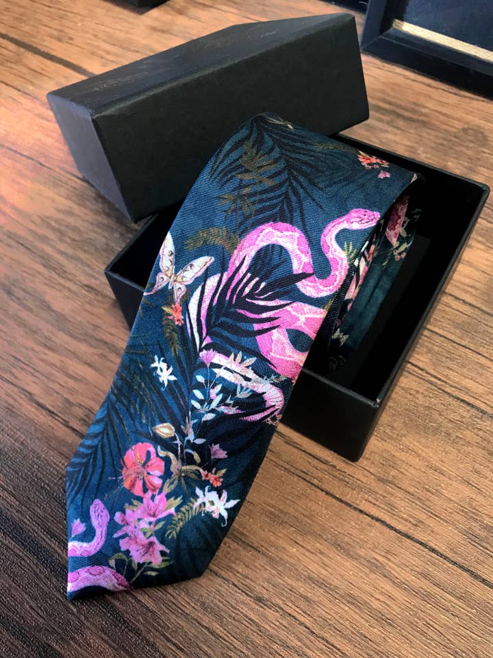 Navy Blue Silk Tie, 'Enticement' Pink Serpent design for wholesale by Alice Acreman Silks