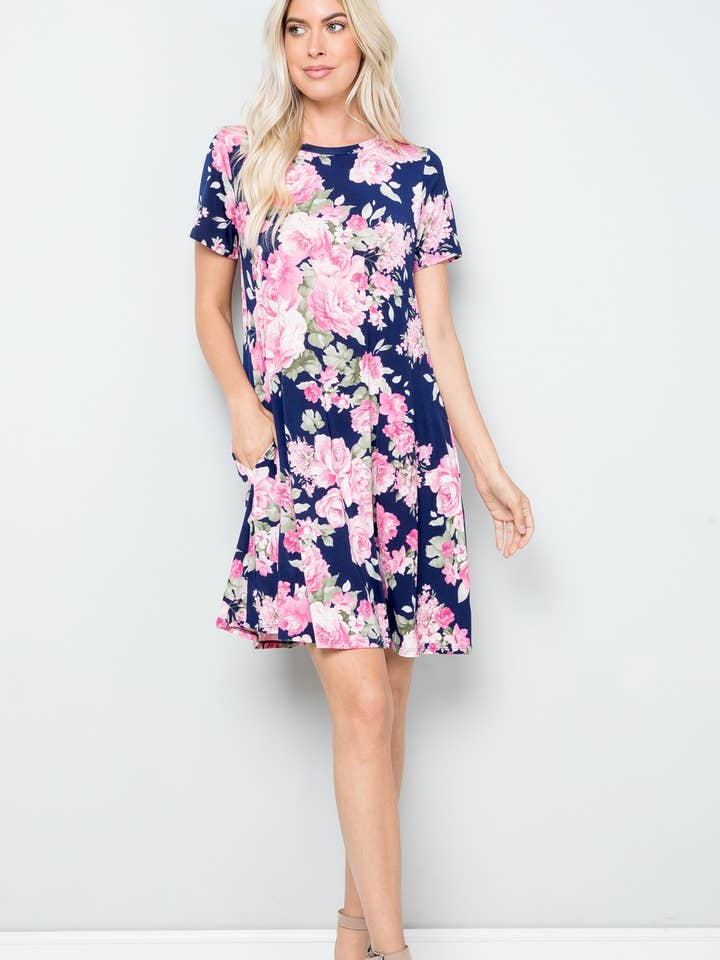 D30092br Floral Print Short Sleeve Mini Dress With Pockets for wholesale by Sunday Morning