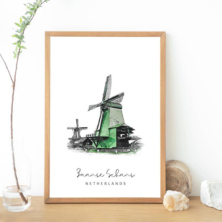 Zaanse Schans, Paesi Bassi | Arte di viaggio minimalista per la vendita all'ingrosso da parte di Travelfy.art
