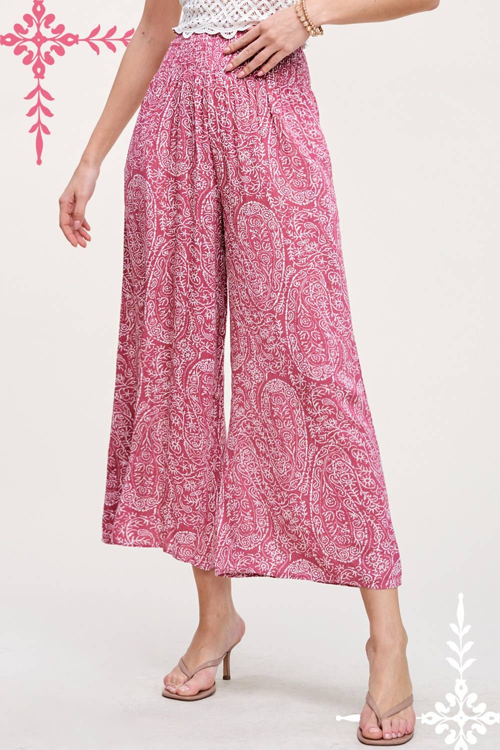 La Miel - Wholesale Pants - Women's - JCP4225-Boho Paisley Print Wide Leg Flowy Pants with Pockets24