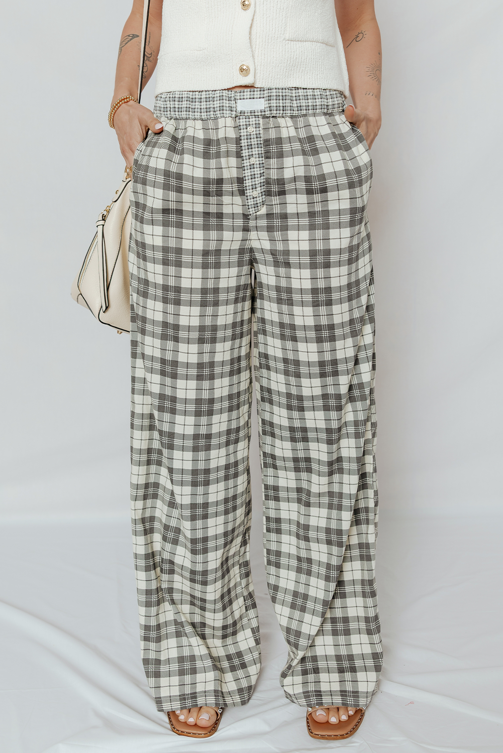 Gray Plaid Patchwork Wide Leg Pants for wholesale on Faire2