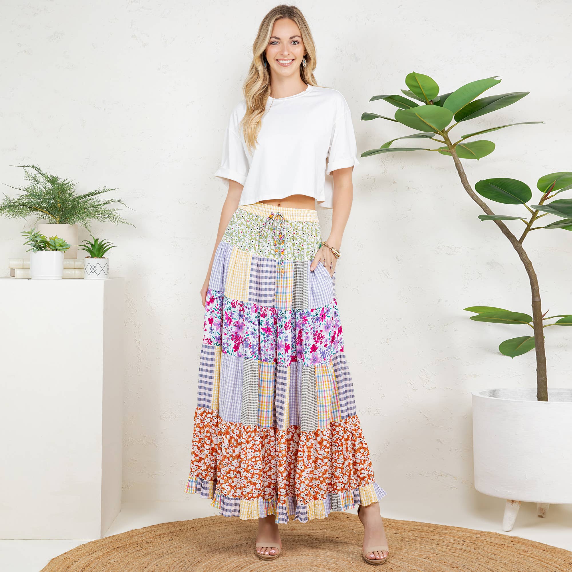 Young Threads - Wholesale Skirt - Women's - Artisan Boho Mixed Print Tiered Patchwork Maxi Skirt (NEW)16