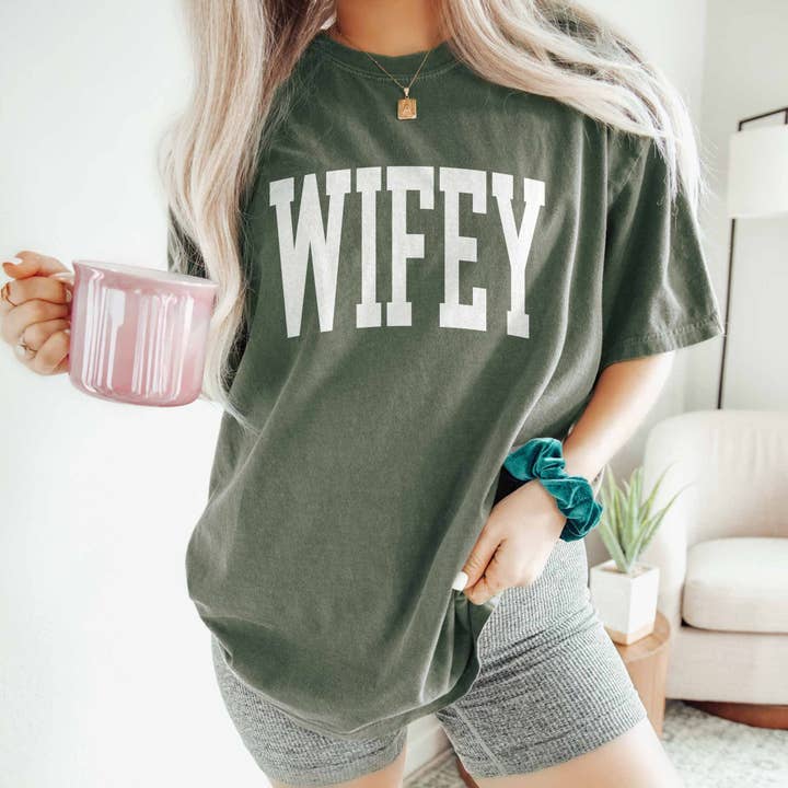 Wifey Garment Dyed T-Shirt, Honeymoon Wedding Wife Shirt for wholesale by Peculiar People Designs
