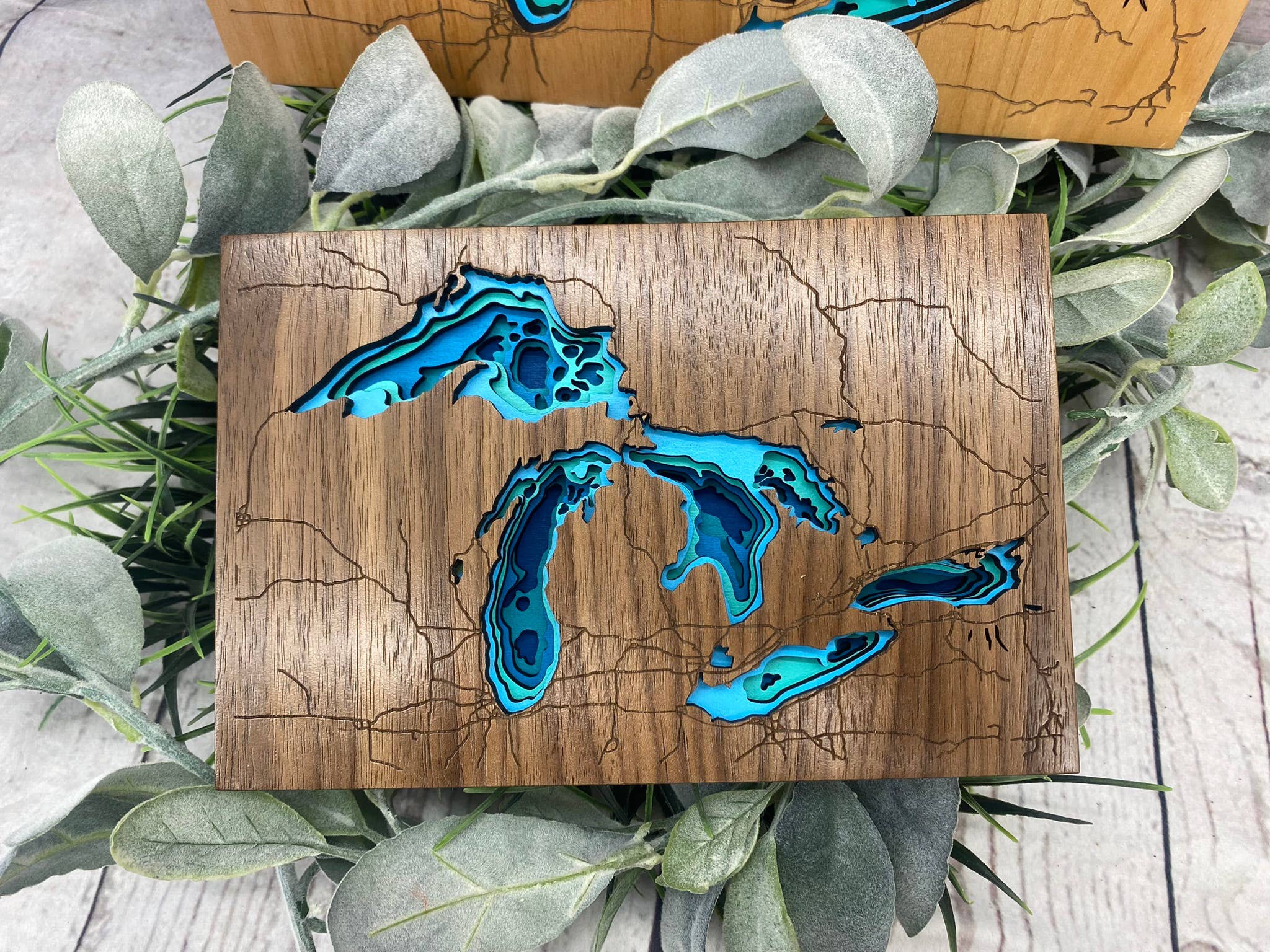 Knock On Wood - Wholesale Decorative Tabletop Object - Great Lakes Lake Depth Map1