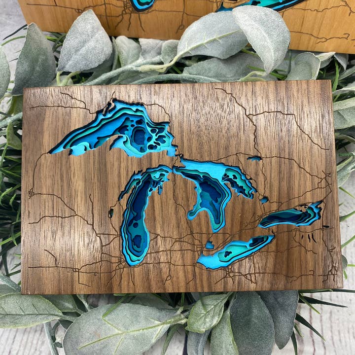 Knock On Wood - Wholesale Decorative Tabletop Object - Great Lakes Lake Depth Map1