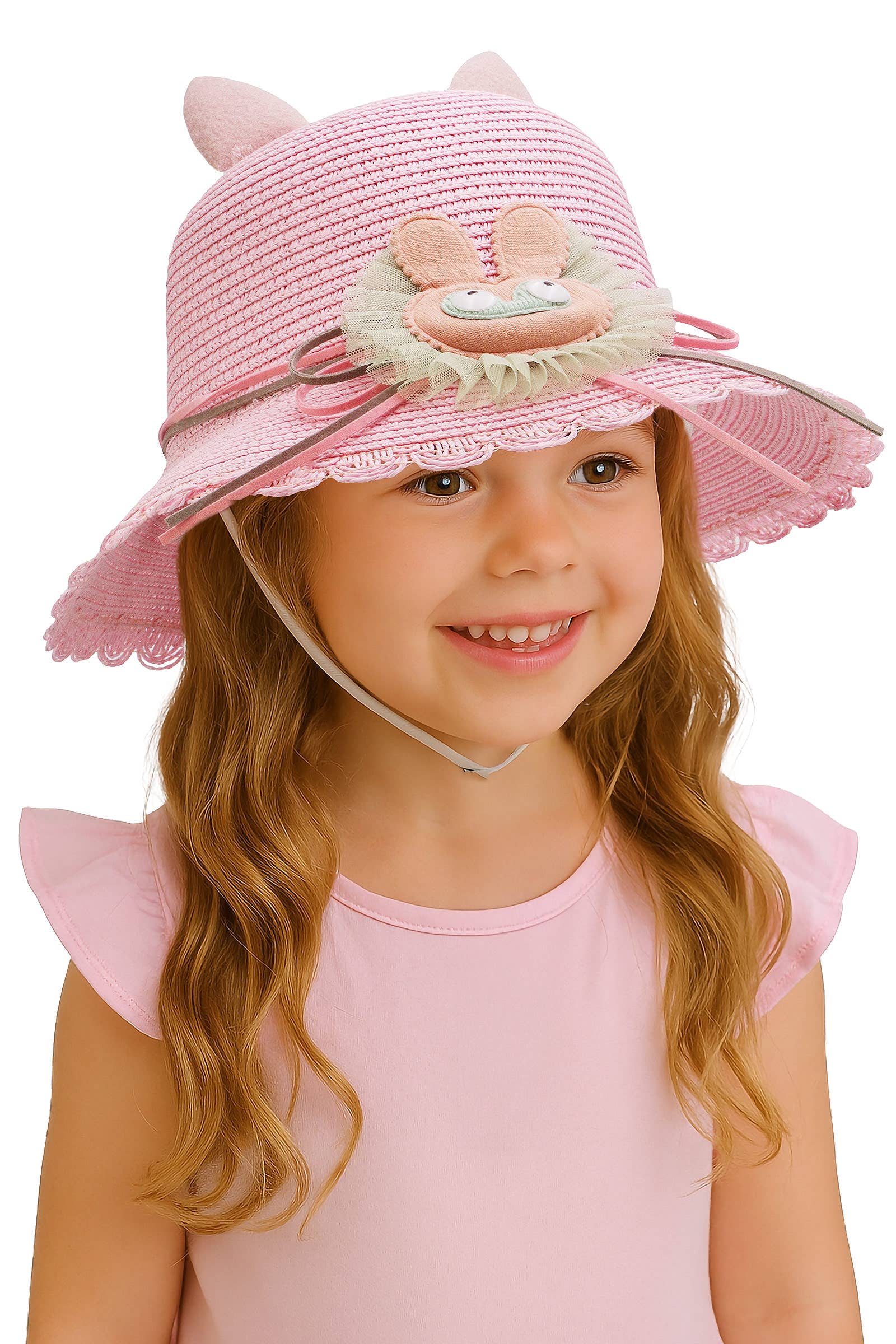 Assorted Kids Bunny Ear Scallop Straw Bucket Sun Hat -DISLCLAIMER for wholesale on Faire1
