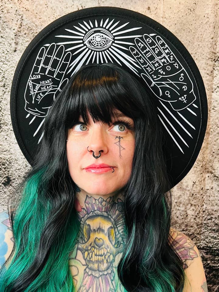 Vegan Felt Wide Brim Hat - XL Brim - "Palmistry" for wholesale by Witchwood Bags