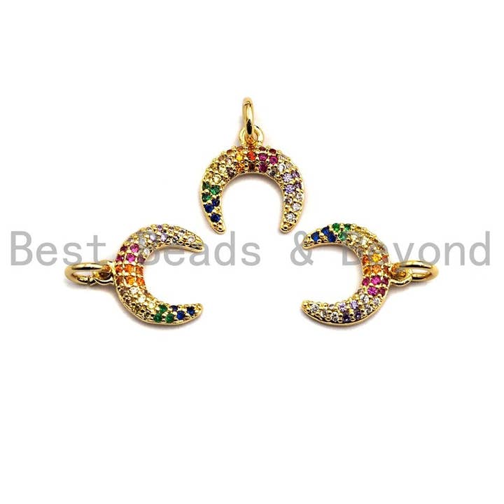 Colorful CZ Micro Pave Double Horn Pendant, CZ Pave Large Moon Pendant, Gold Tone,11x12mm,sku#Z488 for wholesale by BestBeads&Beyond