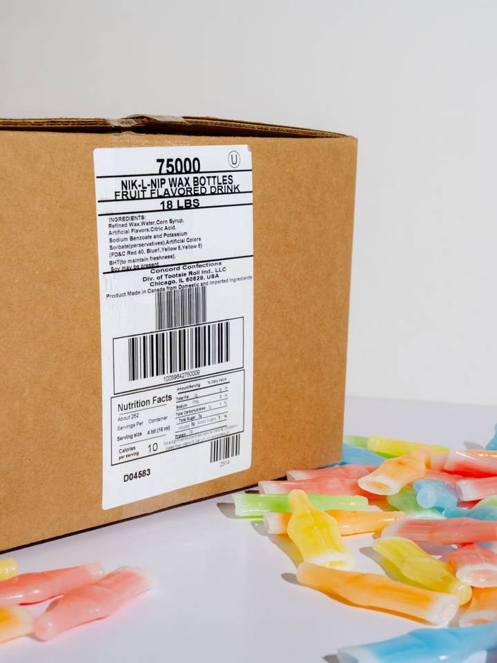 Chew Wax Bottles 18 LB case for wholesale by Sweet As Fudge Candy Shoppe