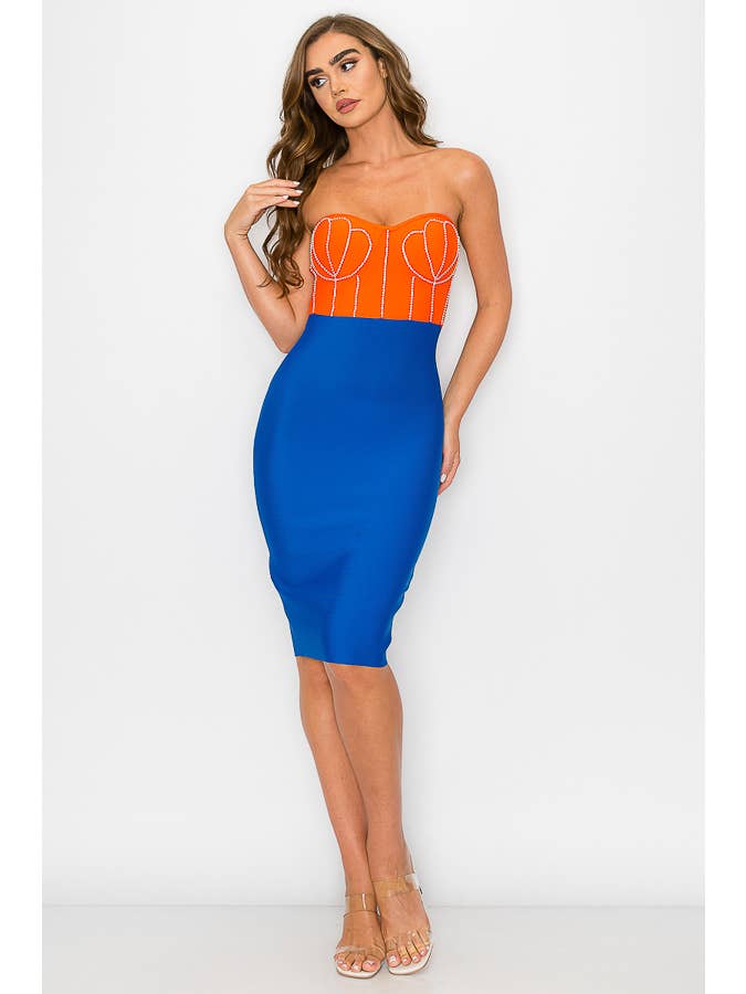 ORANGE/BLEU ROBE À BANDAGES À ÉPAULES DÉNUDÉES en vente sur Faire