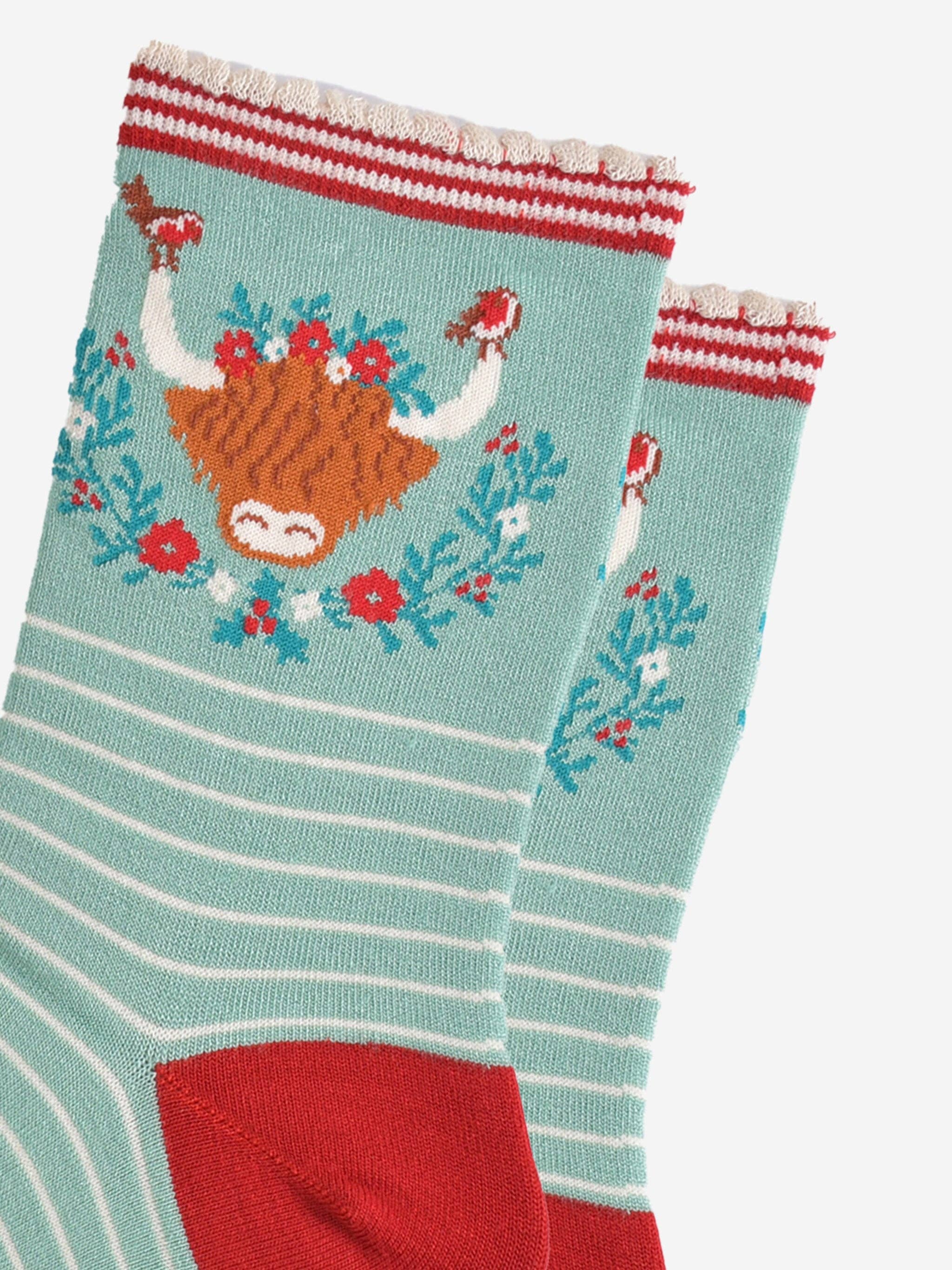 Sock Talk – wholesale Socks – Women's – Women's Bamboo Socks - Green/Red, Christmas Highland Cow6