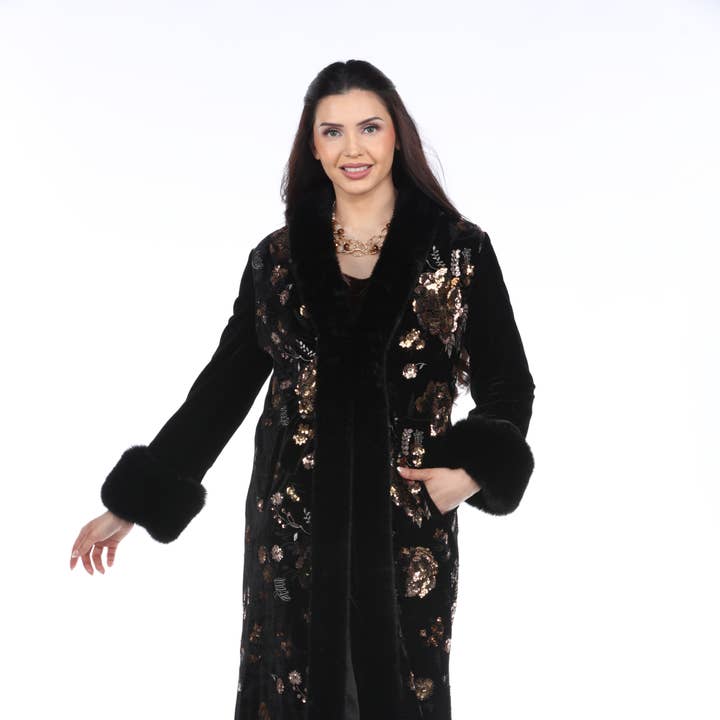 Embroidered Velvet Maxi Coat with Faux Fur Trim for wholesale by Aris A