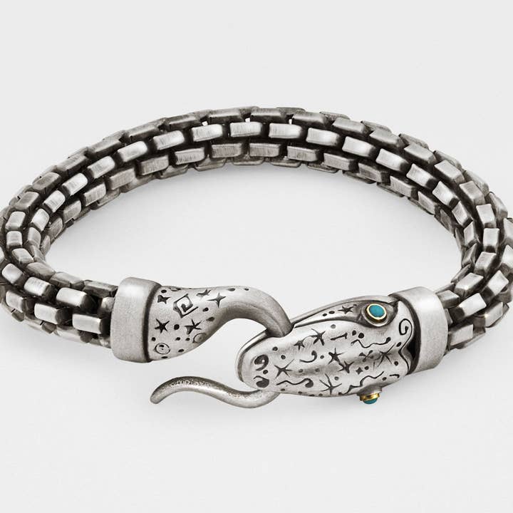 Snake Bracelet with Chain in Silver, 18KT Gold and Turquoise for wholesale by Snake Bones