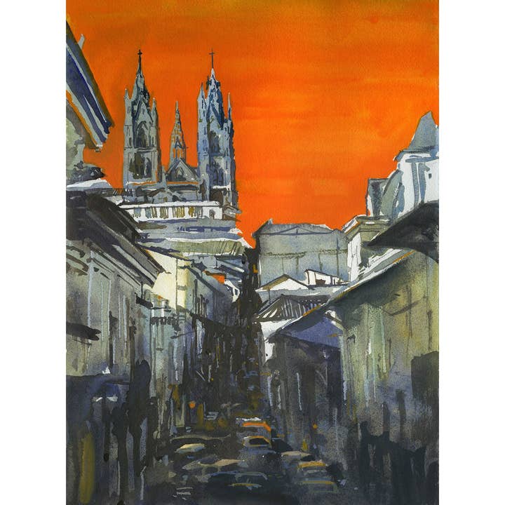 Basilica del Voto Nacional stiger över koloniala byggnader i Quito, ecuador. Akvarellmålning Quito Ecuador stadsscen heminredning orange blå (tryck) för wholesale av Ryan Fox Fine Art