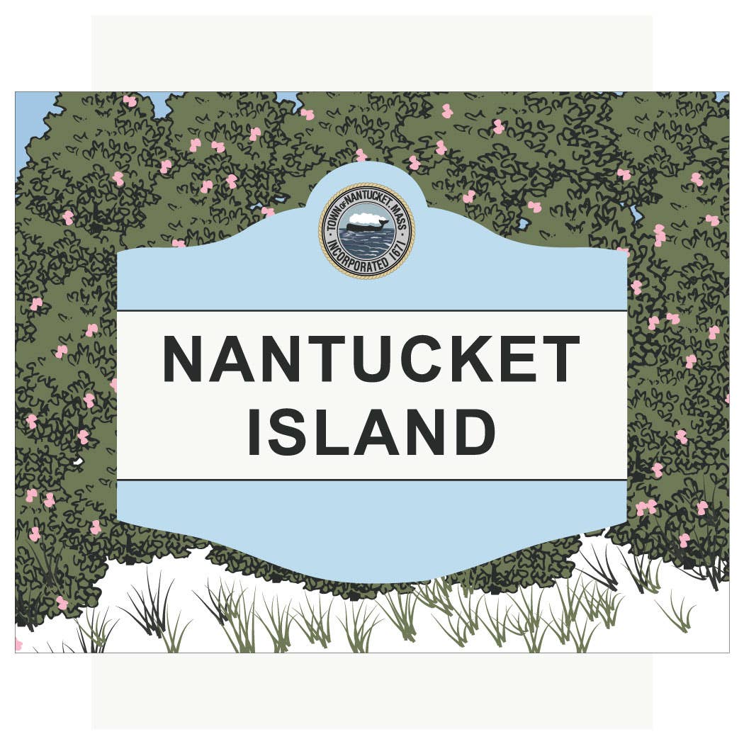 Fridgedoor - Wholesale Everyday Greeting Card - 5'' x 7'' Nantucket Island Sign & Rosa Rugosa Greeting Card0