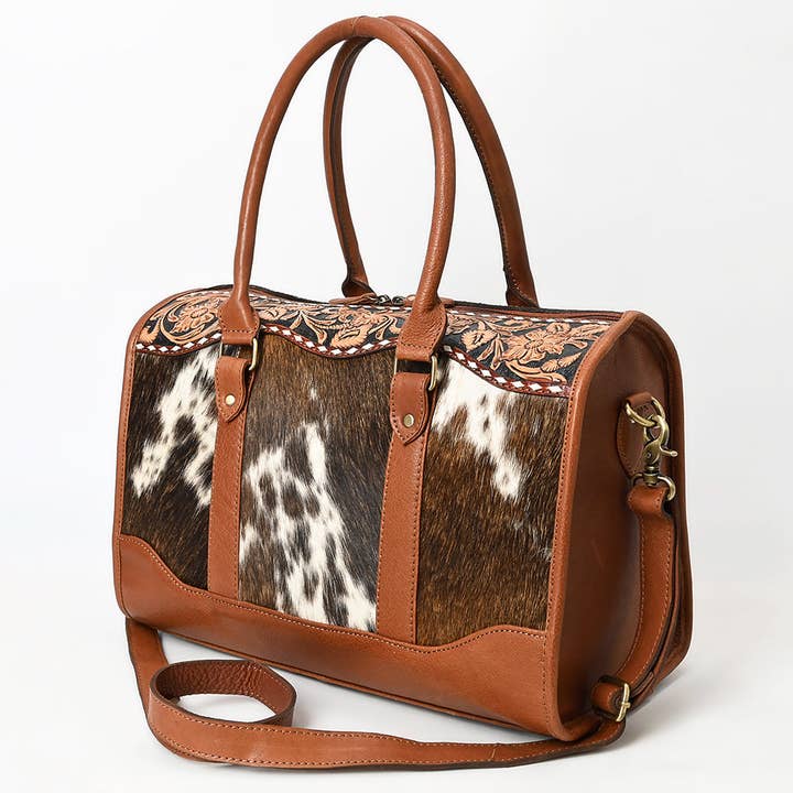 ADBGA625 Cowhide Duffel Satchel with Tooled Leather Floral Yoke & Shoulder Strap for wholesale by LS Western