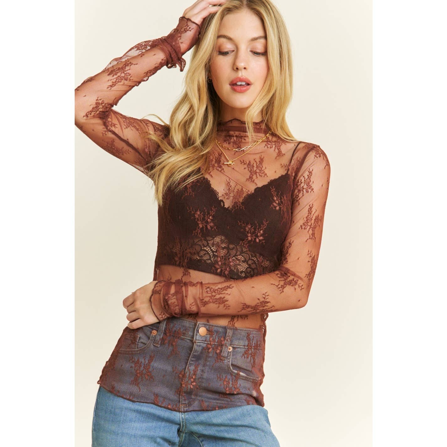 Sweet Generis - Wholesale Knit Top - Women's - MESH LACE HIGH NECK DESIGN LONG SLEEVE FITTED TOP11