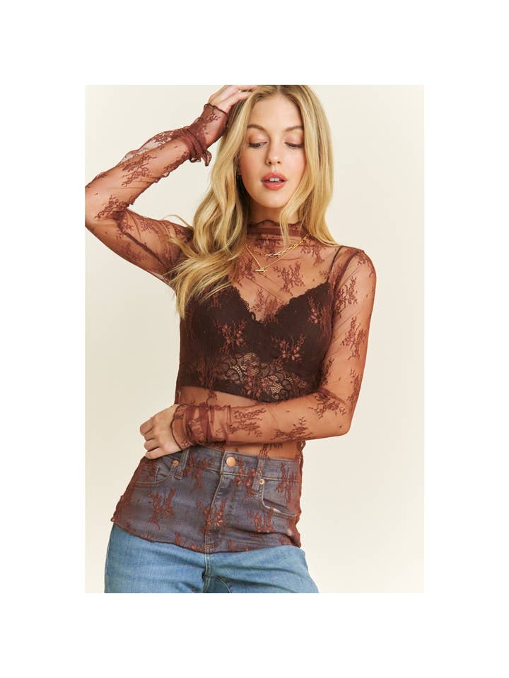 Sweet Generis - Wholesale Knit Top - Women's - MESH LACE HIGH NECK DESIGN LONG SLEEVE FITTED TOP11