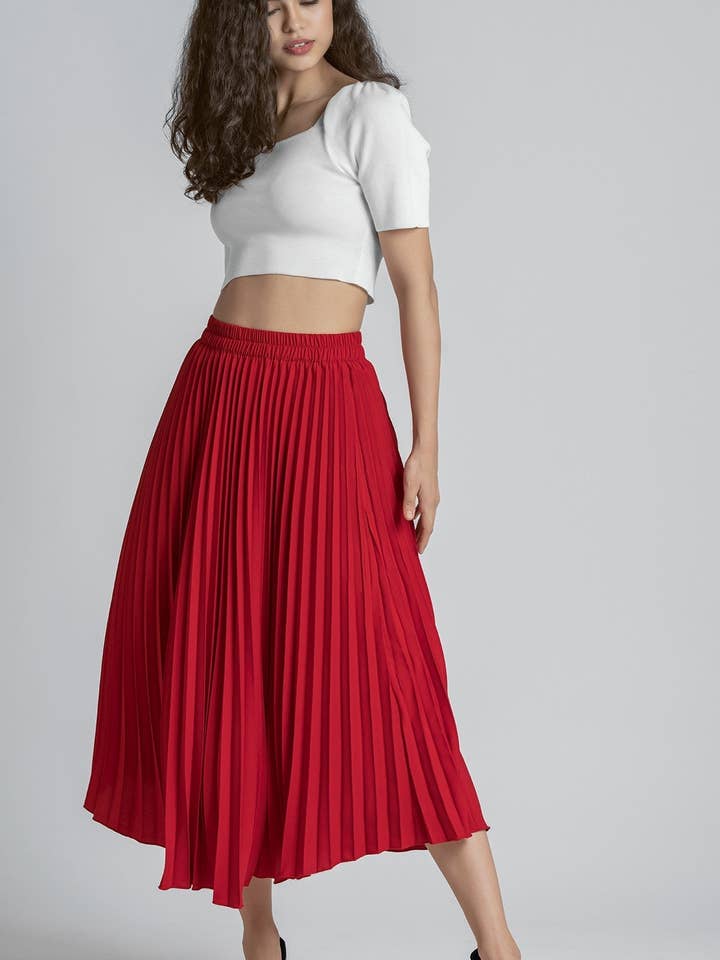 StyleInstant Soild Red Pleated Skirt for wholesale by STYLE INSTANT