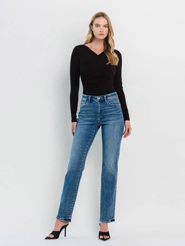 ILLUMINATE HIGH RISE MEDIUM DARK STRAIGHT JEANS F5383 for wholesale on Faire