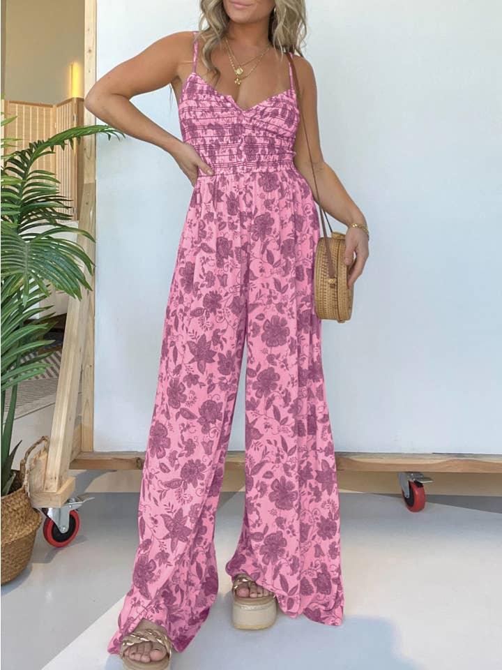 Rosa Clothing - Wholesale Jumpsuit - Women's - Fashionable Floral Print Suspender Wide-Leg Jumpsuit